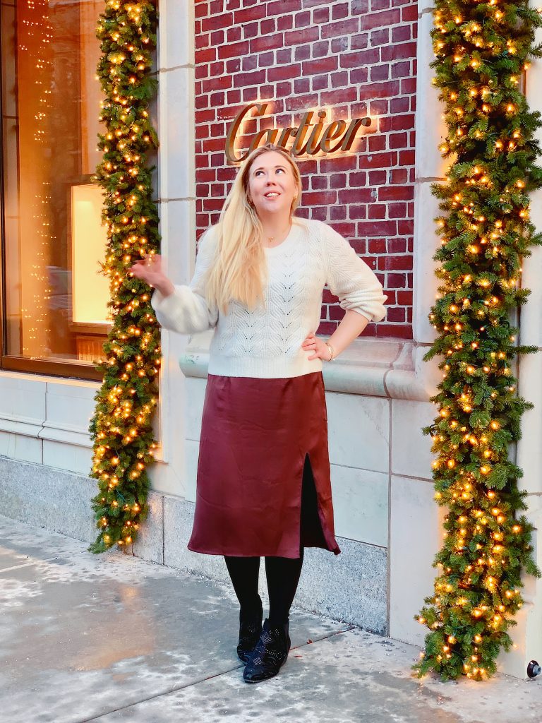 my holiday style is chunky sweaters, silky midi skirts, and classic gold jewelry