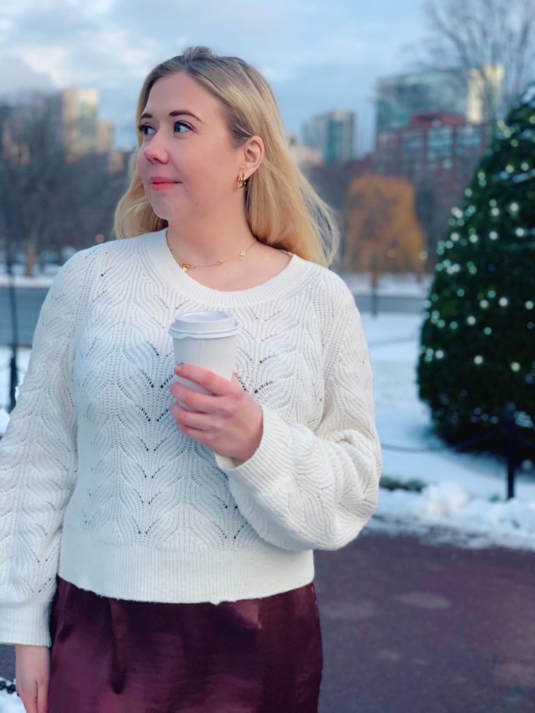 my holiday style is chunky sweaters, silky midi skirts, and classic gold jewelry